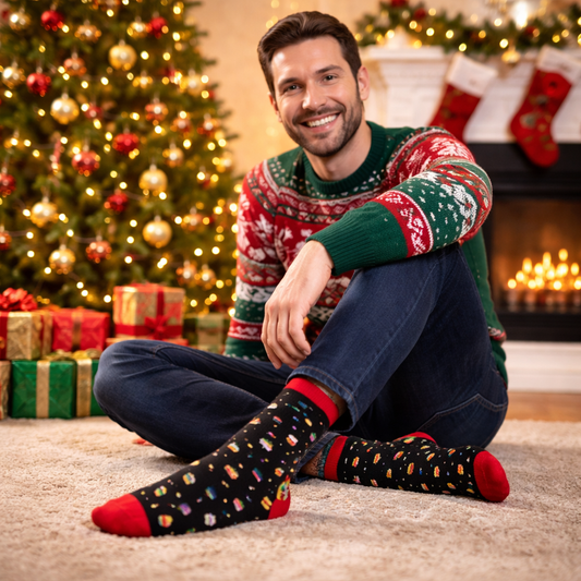 Man wearing festive socks sitting in front of a Christmas tree with presents and stockings.