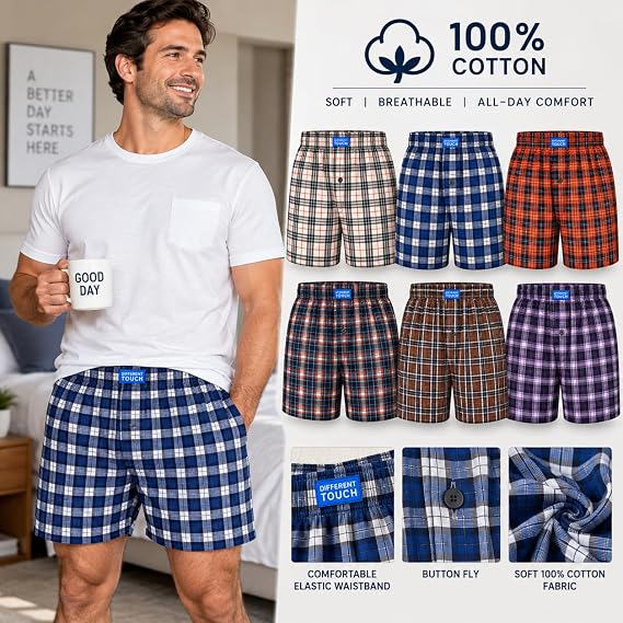 Men's Plaid Boxer Shorts 6 Pack, 100% Cotton
