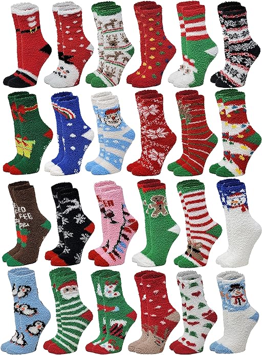 Bulk Lot Non-Skid Slipper Socks | Christmas Cozy Fuzzy Home Socks | Women (24 Pairs)