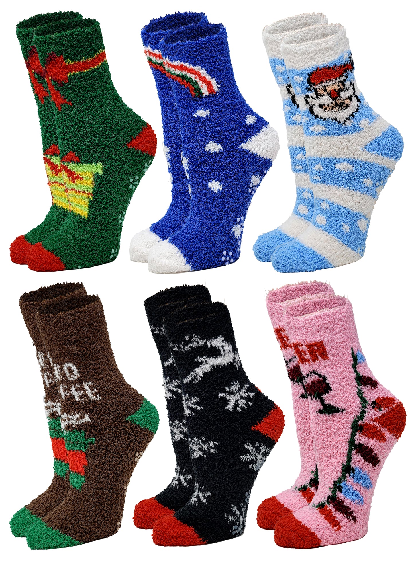 Non-Skid Home Cozy Socks | Christmas Print Super Soft Warm | Unisex (6 Pairs)