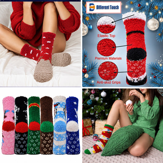 Soft and cozy Christmas fuzzy socks with colorful designs and non-slip grips