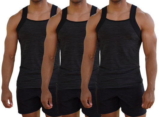 Three identical black tank tops