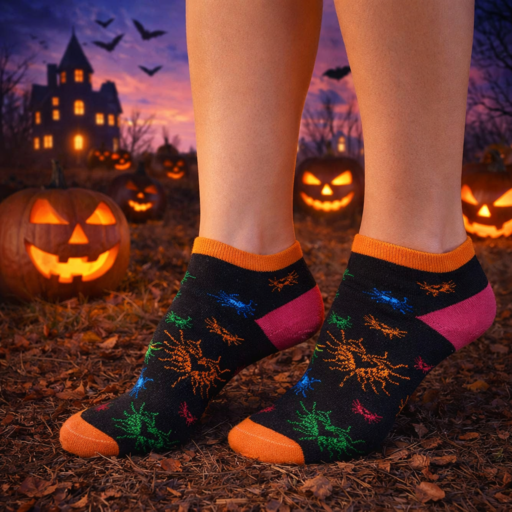 Person wearing Halloween-themed Ankle socks with pumpkins and a haunted house in the background