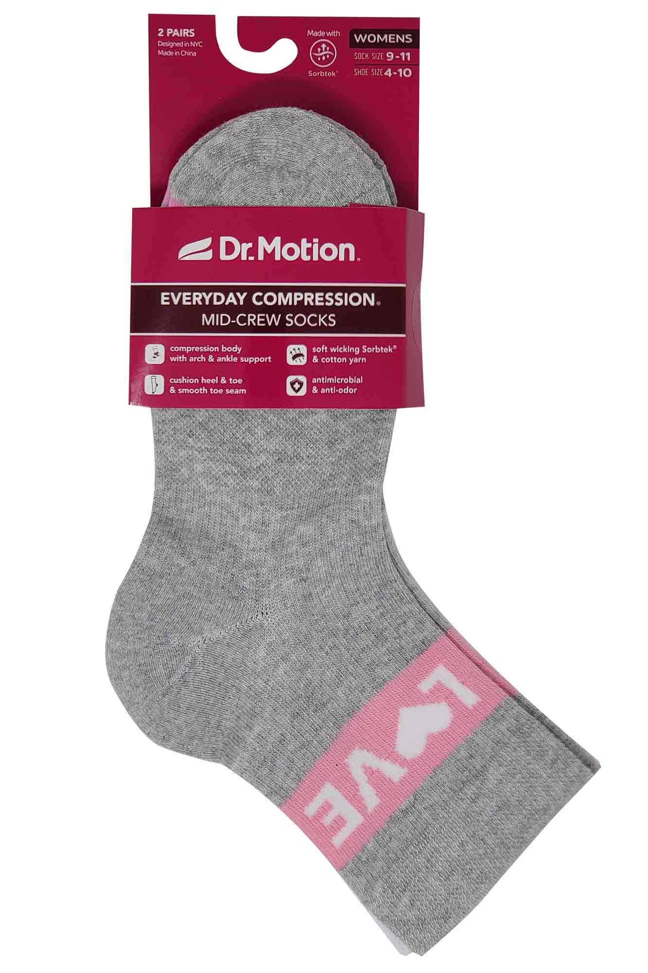 Mid-Crew Compression Socks | White Love Half-Cushion | Dr Motion ( 2 Pack )