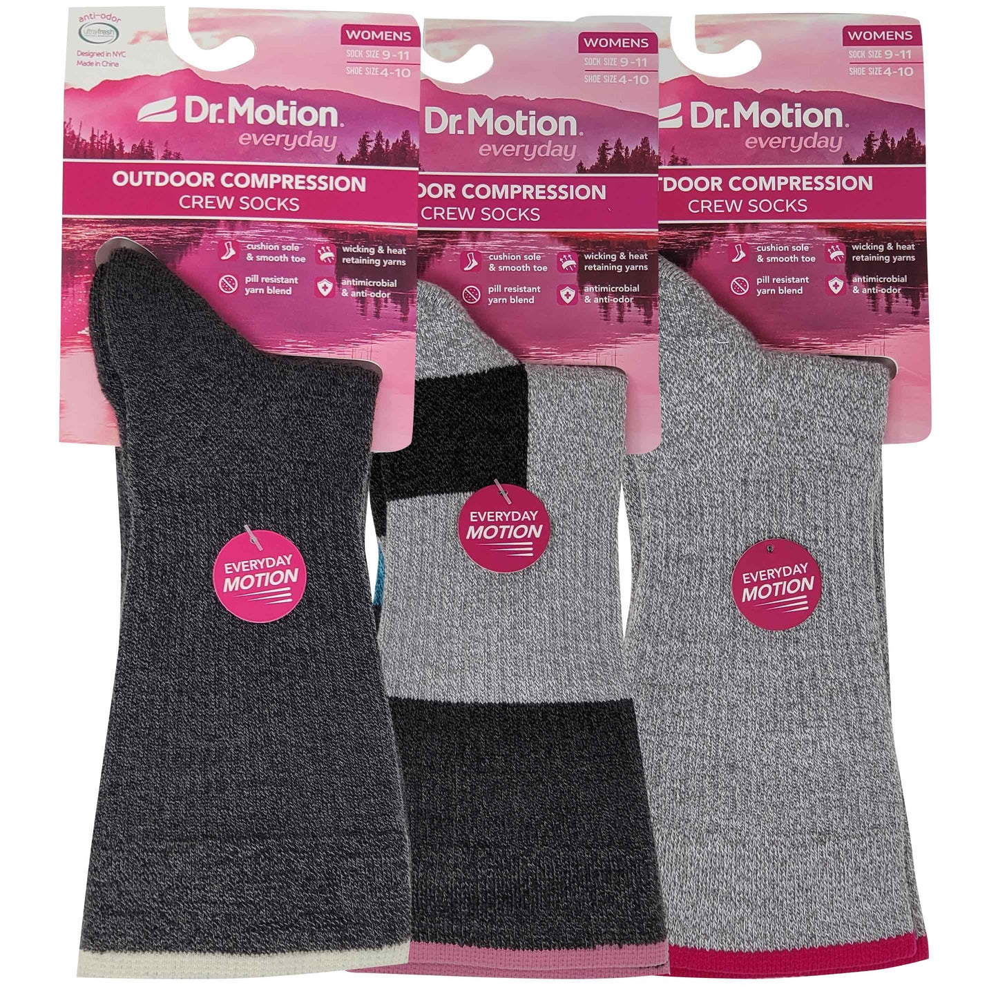 Compression Crew Socks | Outdoor Assorted Half-Cushion | Dr Motion ( 3 Pairs )