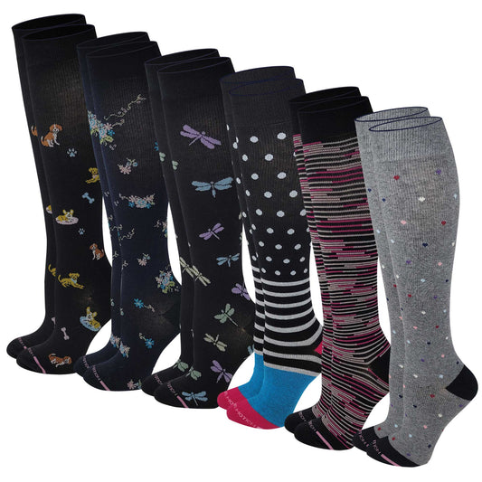 Knee High Compression Socks | Assorted Cotton | Women's (6 Pairs)