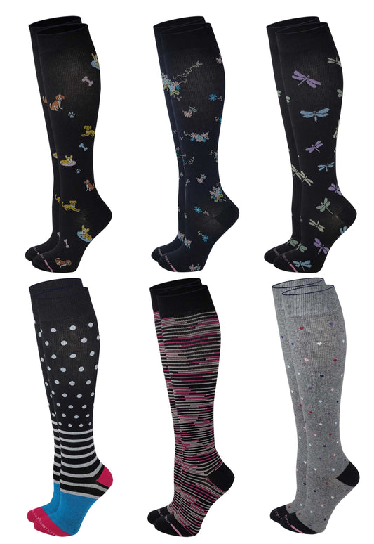 Knee High Compression Socks | Assorted Cotton | Women's (6 Pairs)