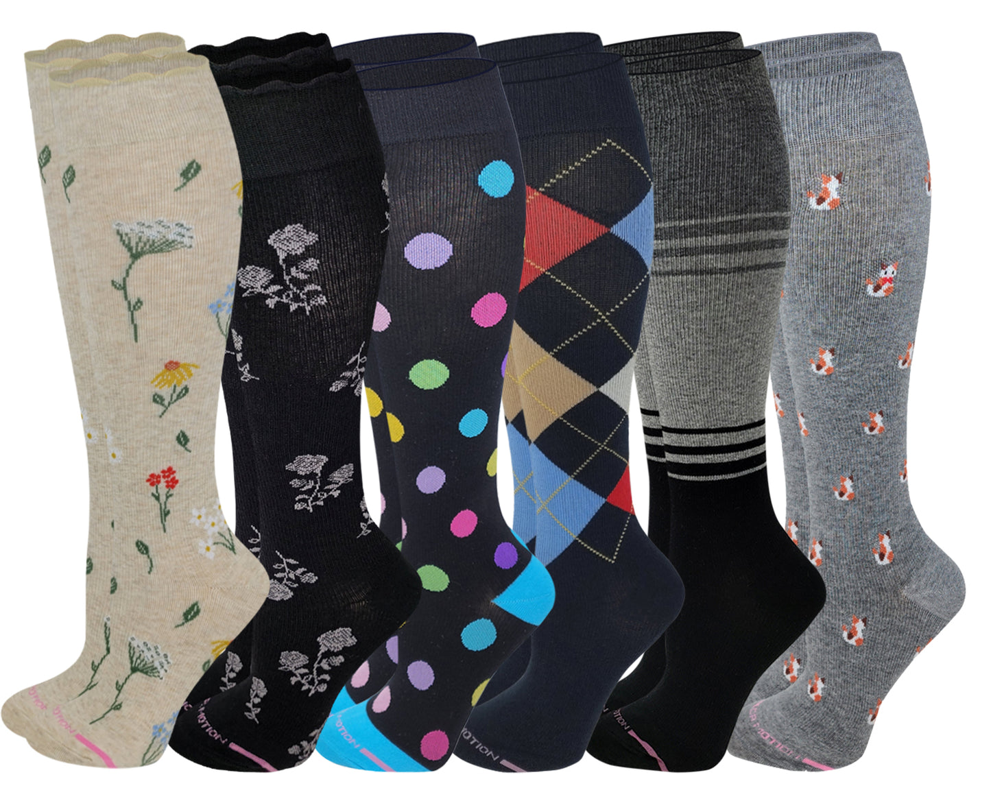 Knee High Compression Socks for Women |Dr. Motion Socks| Assorted Everyday Gradated