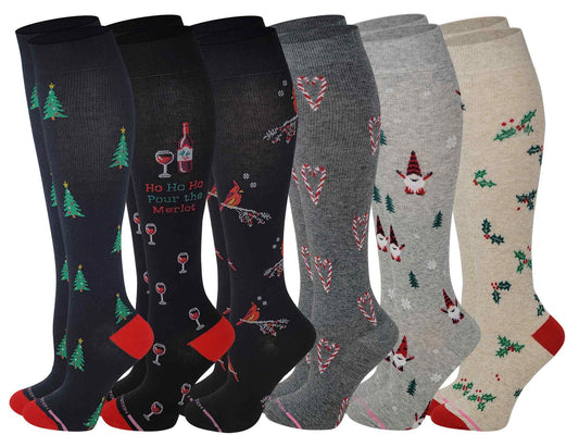 Knee High Compression Socks | Dr. Motion Novelty Christmas Print | Women (6 Pairs)