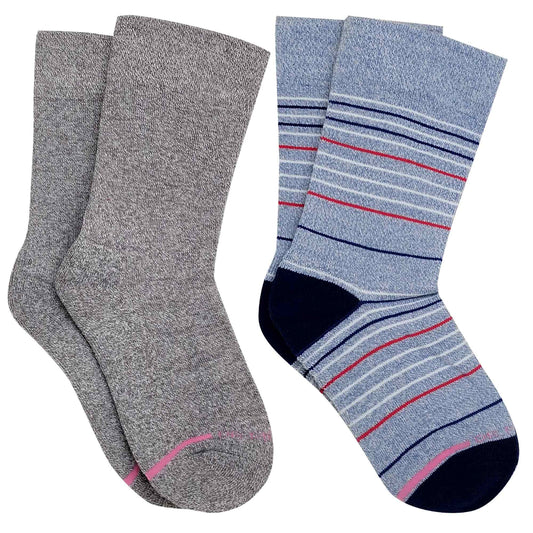 Women’s crew diabetic socks by Dr. Motion with thin stripe design and non-binding cuff