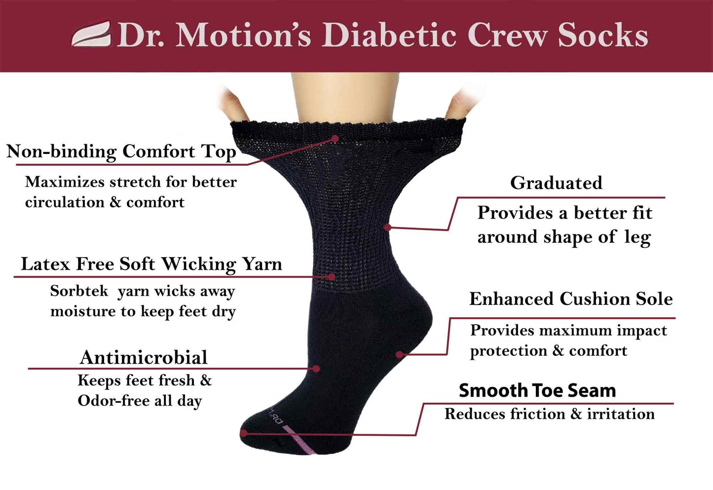 Crew Diabetic Socks | Black White Super Cozy Half-Cushion | Dr Motion ( 4 Pack )