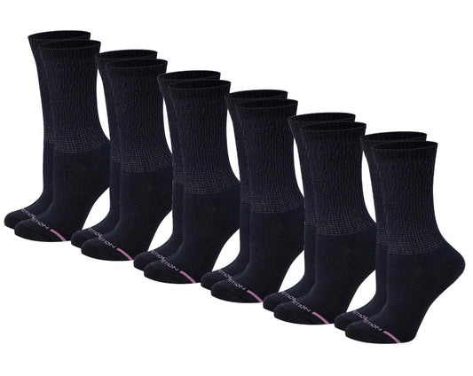 A collection of black crew diabetic socks designed for women, displayed in six pairs.