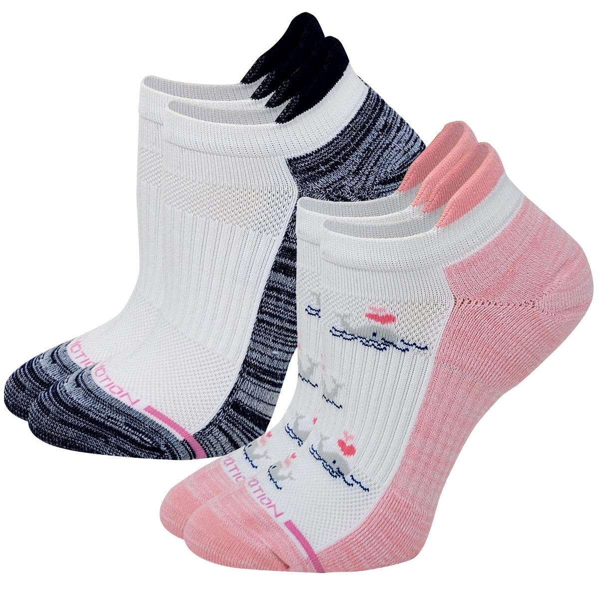 Dr. Motion whale ankle compression socks showing reinforced toe, cushioned heel, and arch support