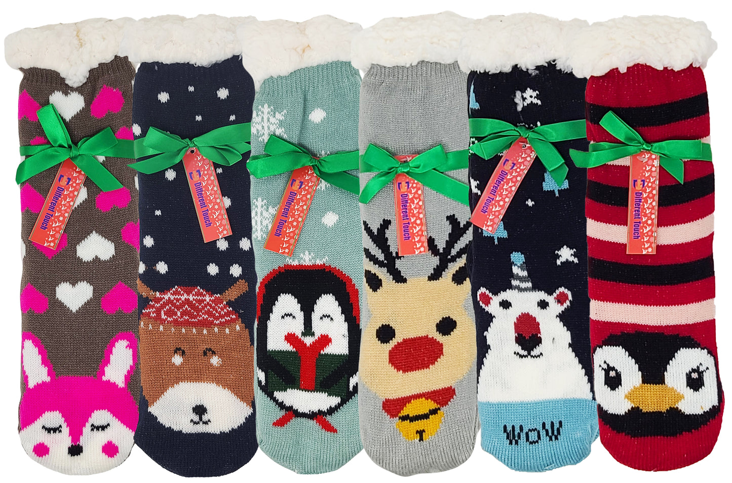 Non-Skid Slipper Socks | Sherpa Fleece Lined with Grippers Christmas | Unisex (6 Pairs)