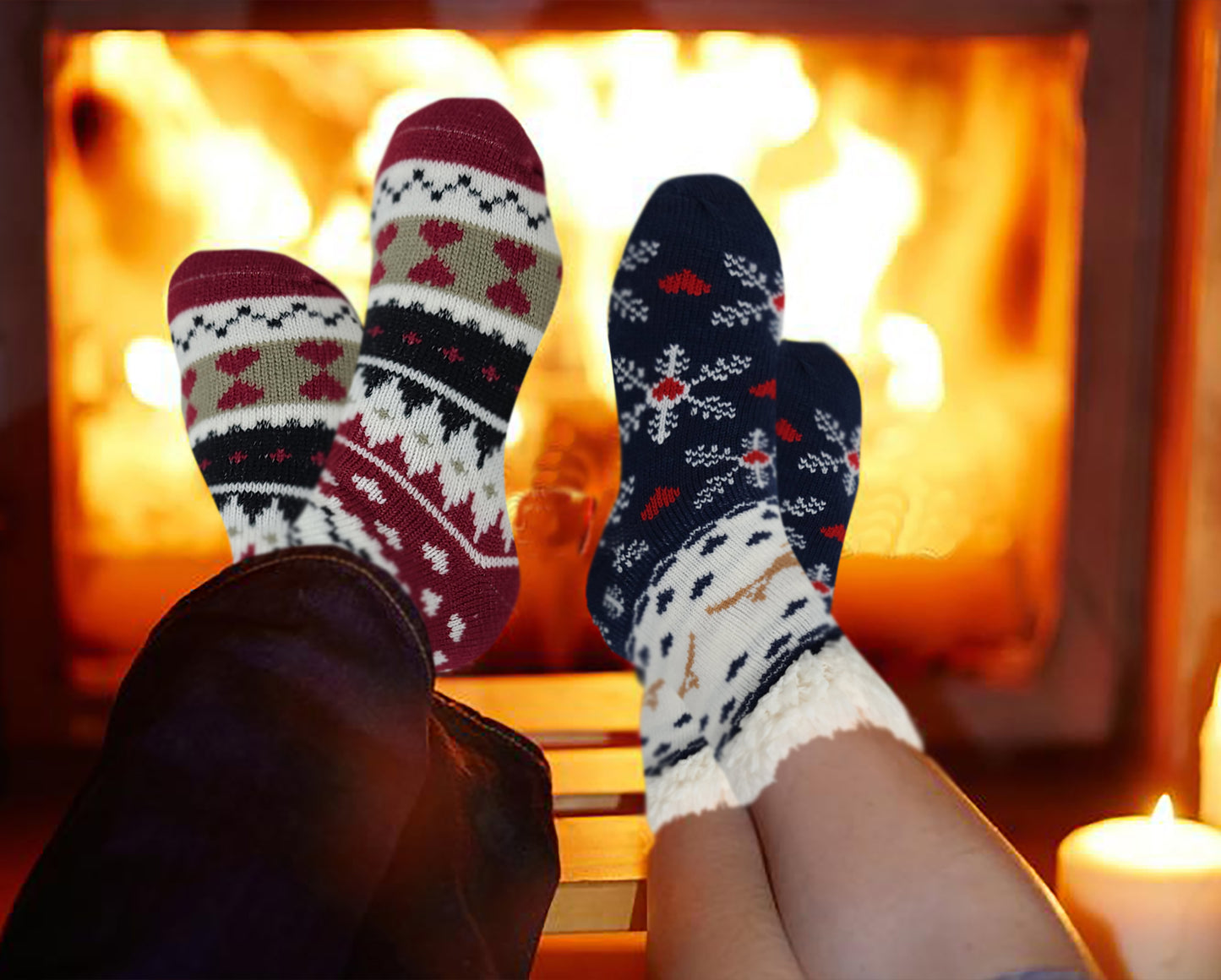 Non-Skid Slipper Socks | Sherpa Fleece Lined with Grippers Christmas | Unisex (6 Pairs)