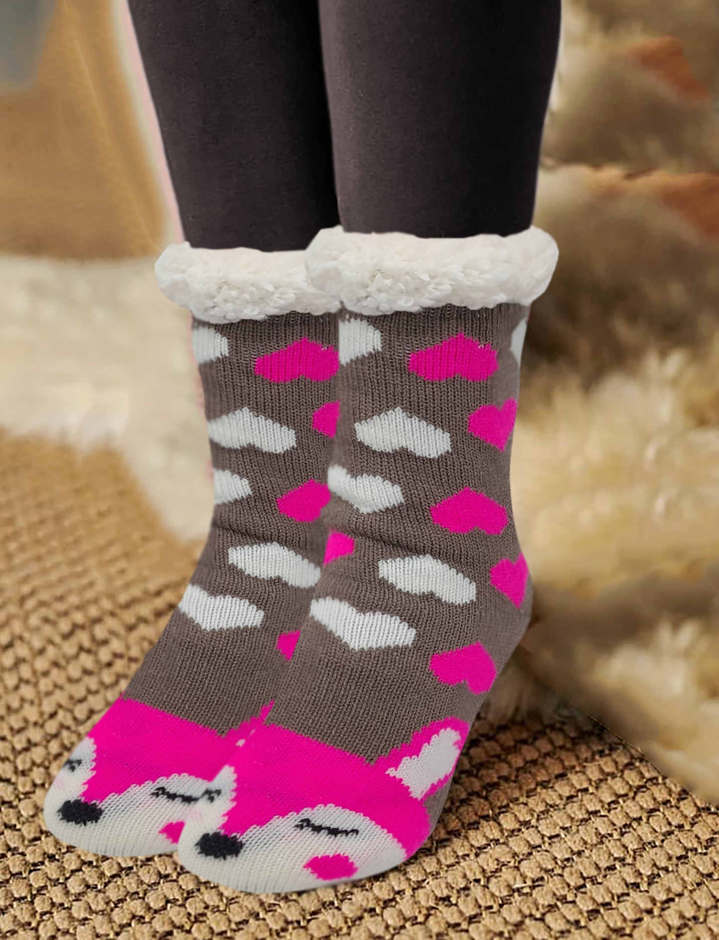 Non-Skid Slipper Socks | Sherpa Fleece Lined with Grippers Christmas | Unisex (6 Pairs)