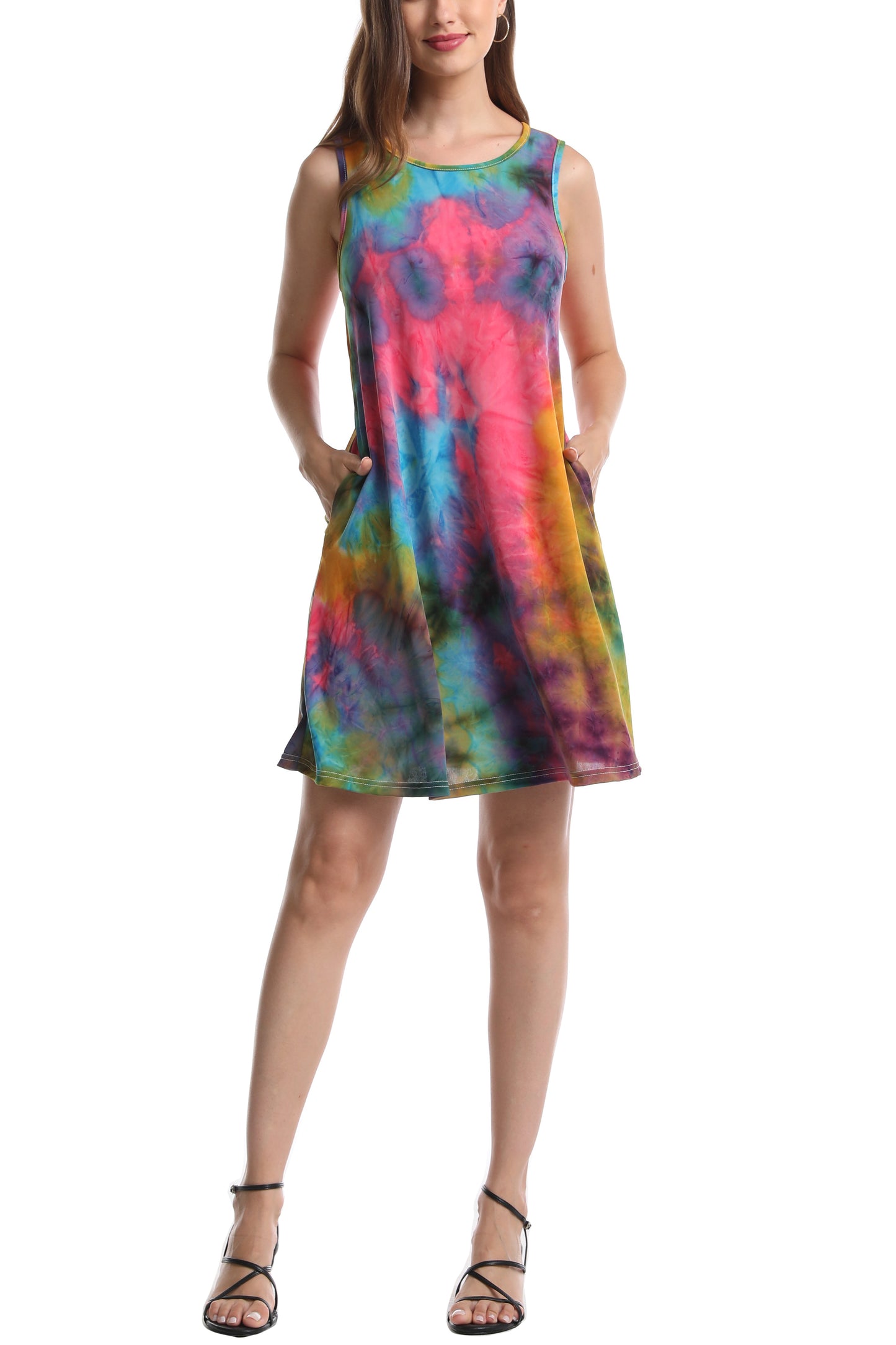 Women's Sleeveless Loose Watercolor Dresses T Shirt Tank Casual Short Dress with Pockets