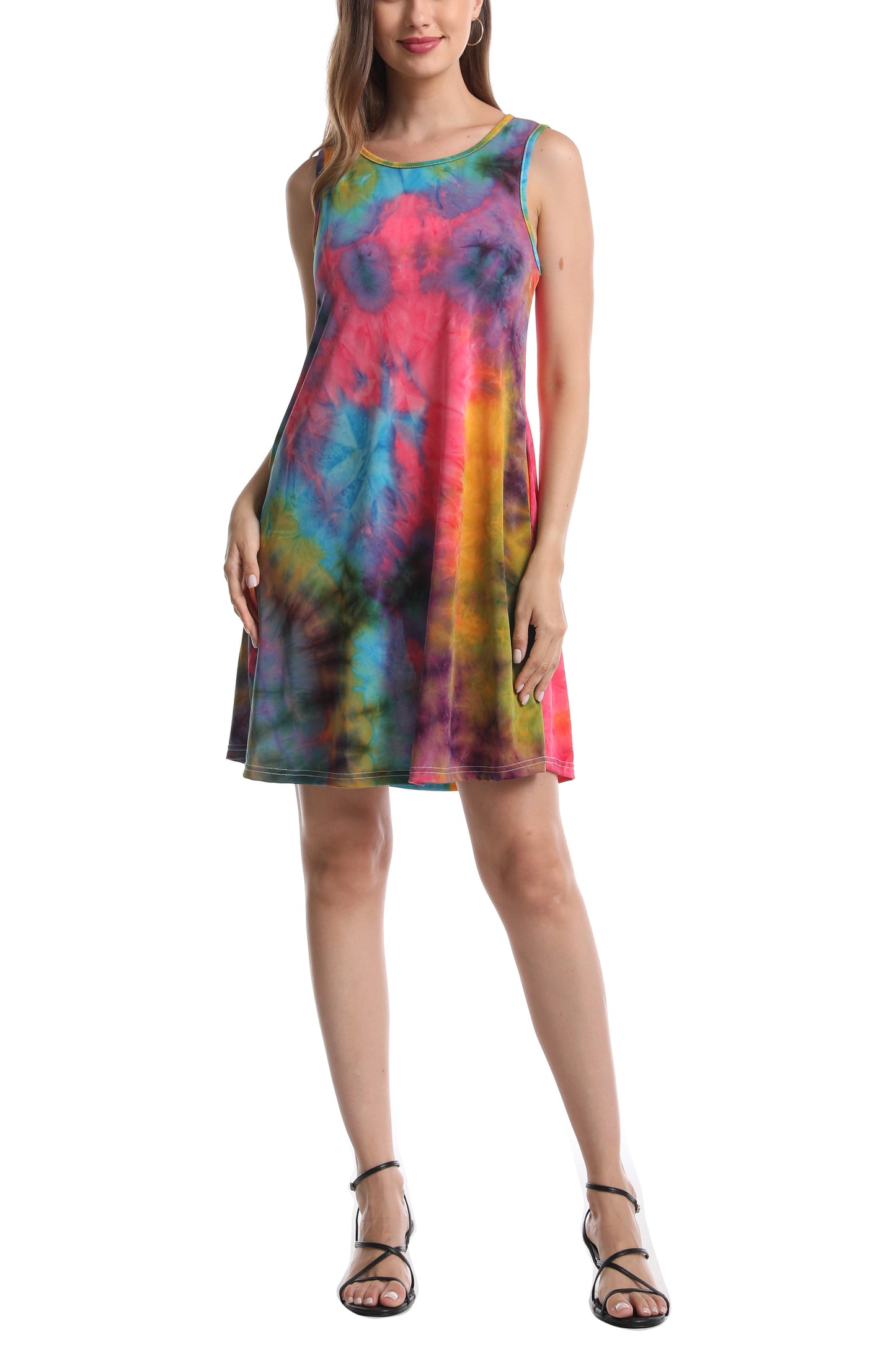 Women's Sleeveless Loose Watercolor Dresses T Shirt Tank Casual Short Dress with Pockets
