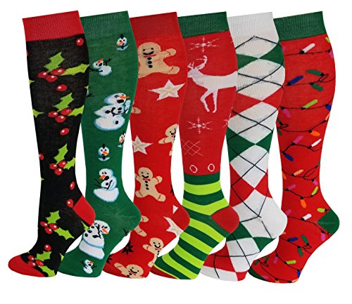 Knee High Socks | Christmas Holidays Novelty Design | Womens (6 Pairs)