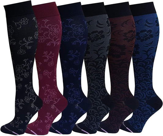 Knee-High Graduated Compression Socks | Assorted Floral | Dr. Motion (6 Pairs)