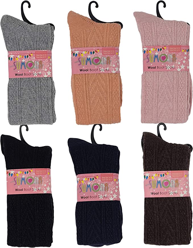 Knee High Boot Socks | Wool Blend Cable Knit Assorted | Womens (6 pairs)