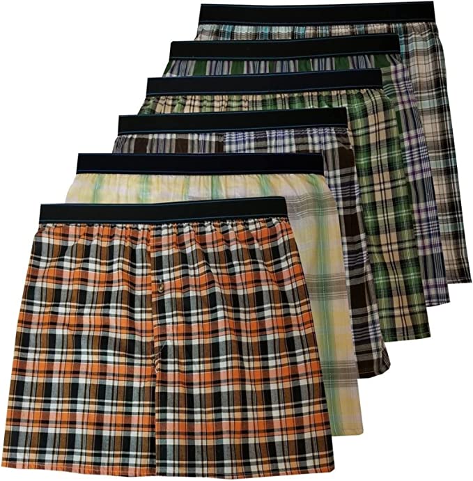 Boxer Shorts Underwear Woven Plaid Exposed Waistband Men's (6 Pack