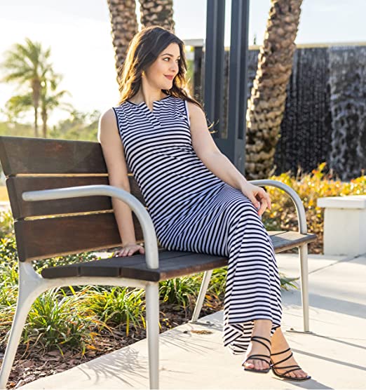 SUMONA Women Long Slit Maxi Dress Bodycon for Summer Spring Party Beach Vacation Pink/ White Stripes / Large SUMONA Women Long Slit Maxi Dress Bodycon for Summer Spring Party Beach Vacation Pink/ White Stripes / Large