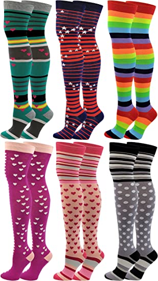 Thigh High Over the Knee Socks | Neon Polka Dot Hearts Color | Women (6 Pairs)