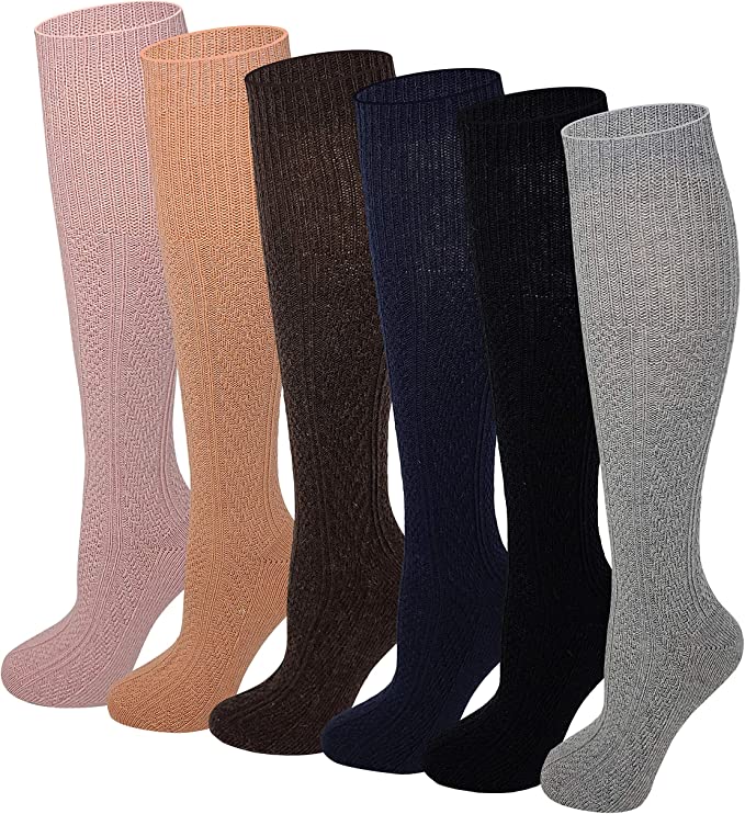 Knee High Boot Socks | Wool Blend Cable Knit Assorted | Womens (6 pairs)