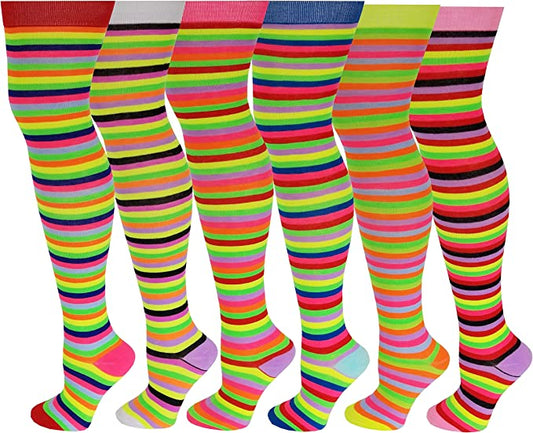 Thigh High Over the Knee Socks | Neon Color Rainbow Stripes | Women (6 Pairs)