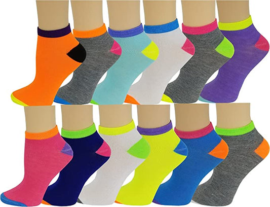 Low Cut Anklet Socks | Neon Design | Women 12 Pairs