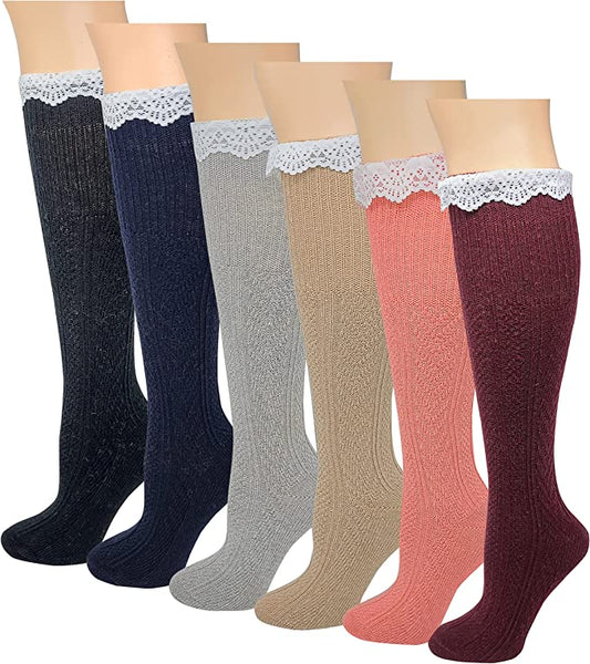 Knee High Boot Socks | Cable Knit Assorted Color with Lace | Womens (6 pairs)