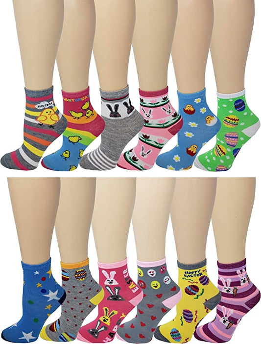 Girls Crew Socks | Pretty Fun Easter Design | Kids (12 Pairs)