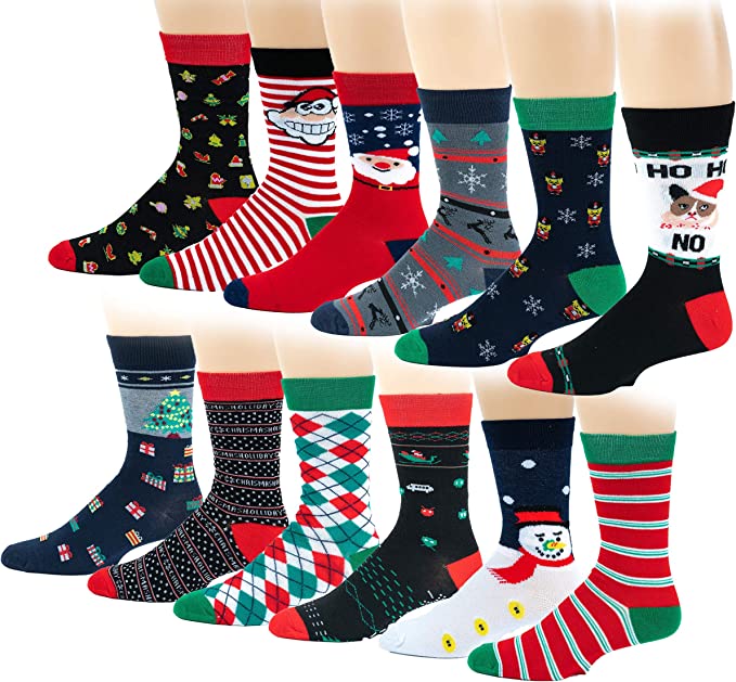mens christmas dress socks Different Touch Colorful Fashion Design Dress socks 10-13 (12 Pairs Christmas)