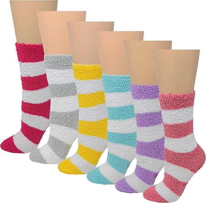 Non-Skid Home Slipper Socks | Super Soft Stripes Design | Women (6 Pairs)