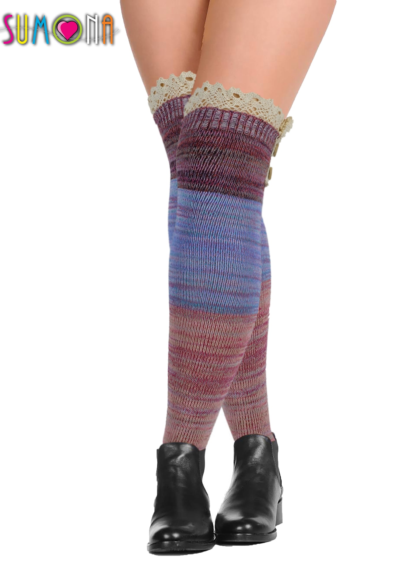 Over the Knee Socks | Assorted Color with Buttons and Lace (4 Pairs)