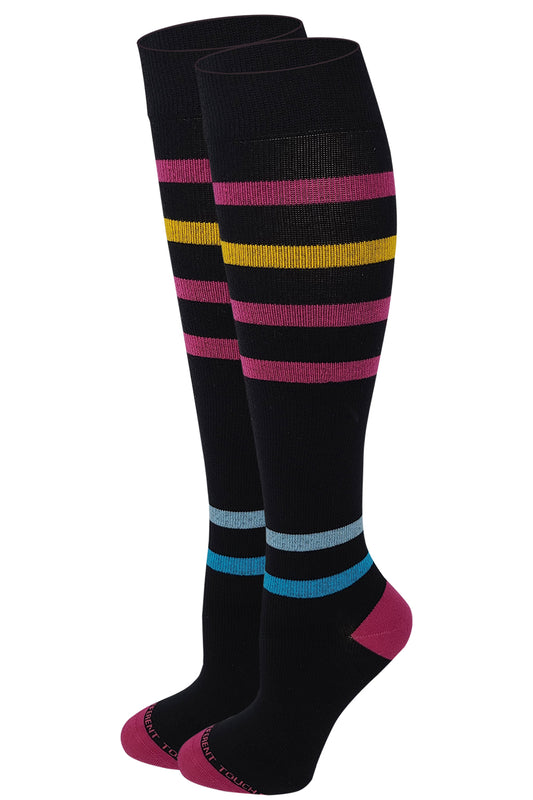 Women Black Stripes Graduated Compression Knee High Socks