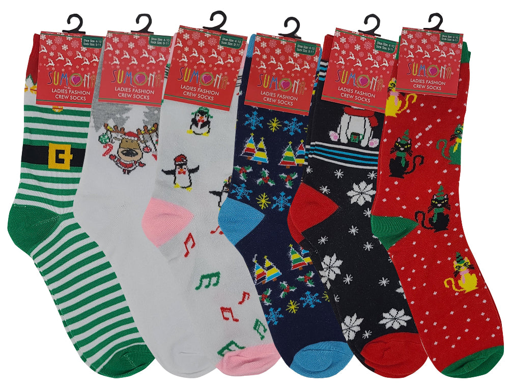 Women’s Christmas novelty crew socks in festive holiday designs – 6-pair pack