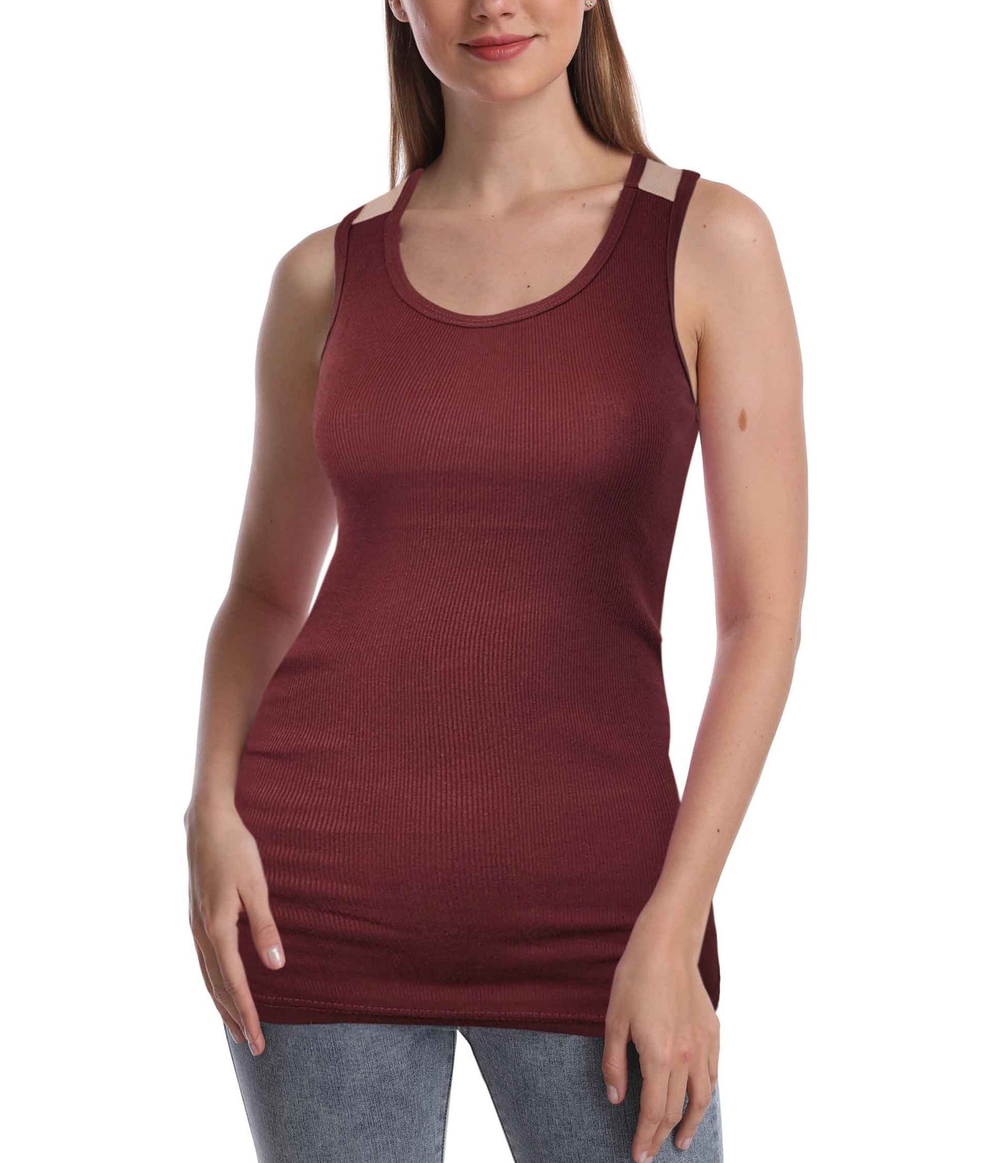 SUMONA Women Round Neck Accent Two Tones Casual Basic Ribbed Tank Top