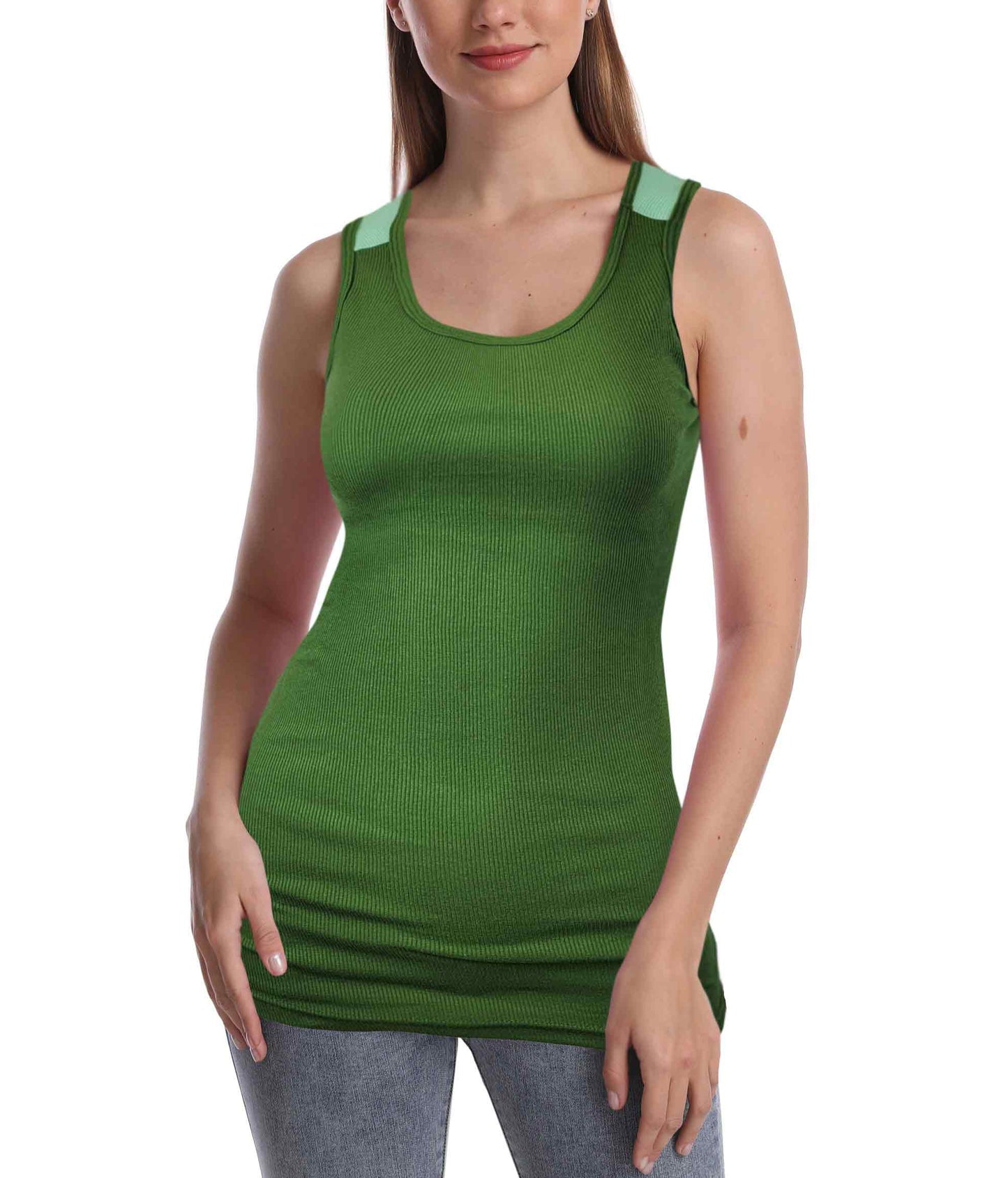 SUMONA Women Round Neck Accent Two Tones Casual Basic Ribbed Tank Top