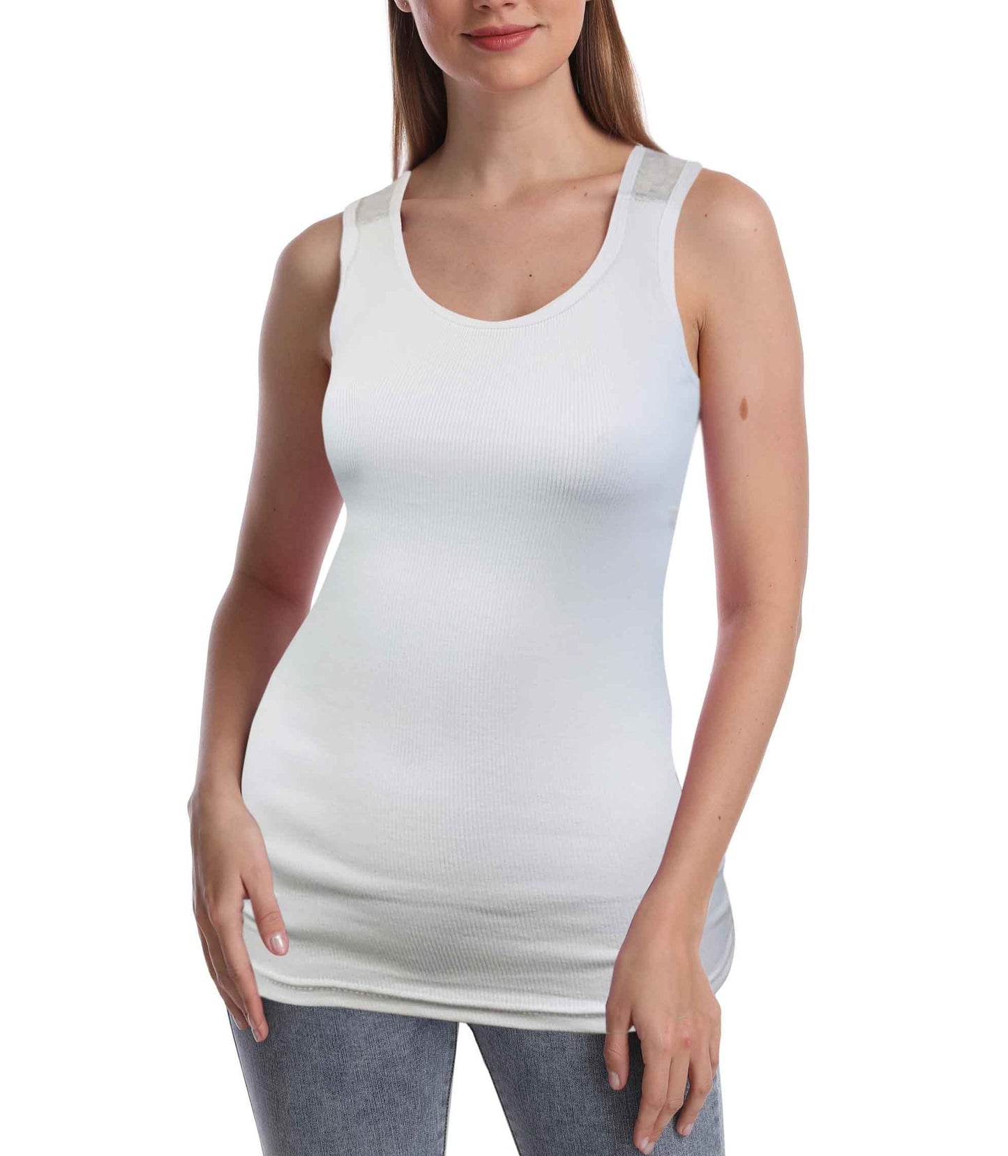 SUMONA Women Round Neck Accent Grey Two Tone Casual Basic Ribbed Tank Top