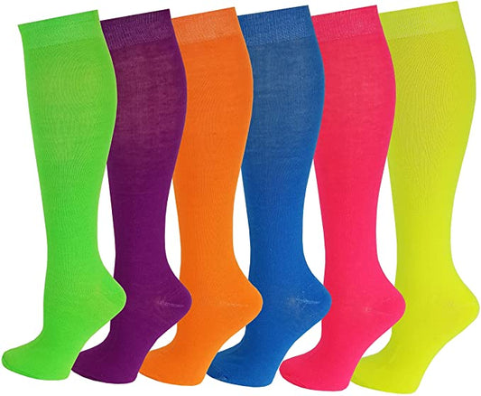 Women 6 Pairs Solid Neon Color Knee High Socks