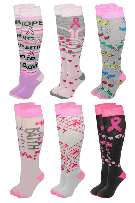 Women 6 pairs Breast Cancer Awareness Knee High Socks