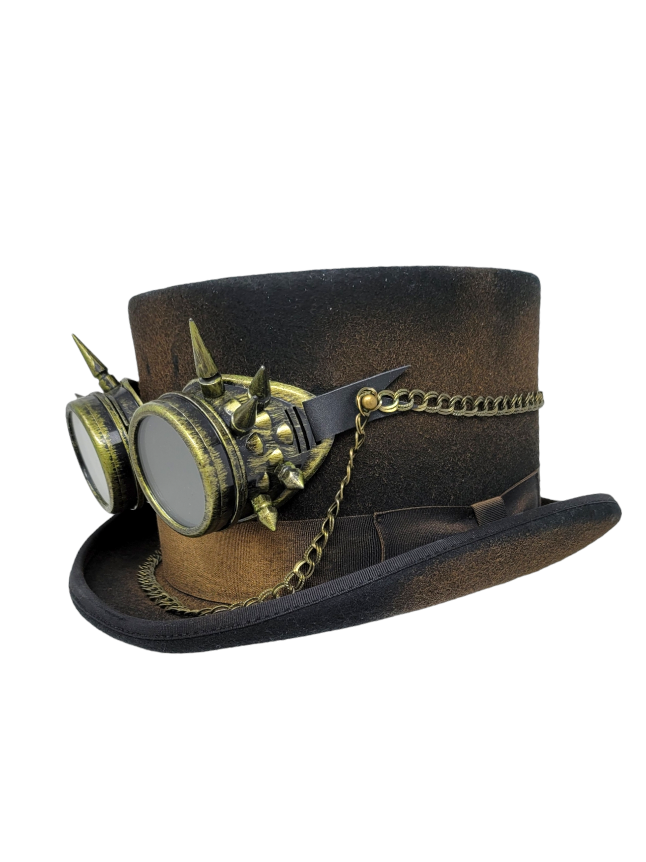 steampunk top hat with goggles High Crown Top Hat with Steampunk Goggles | Wool Felt