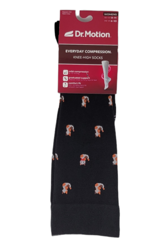 Black knee-high socks with dog pattern and Dr. Motion packaging on a white background