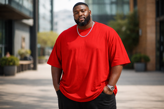 A big and tall Man wearing  red color oversize T-shirts