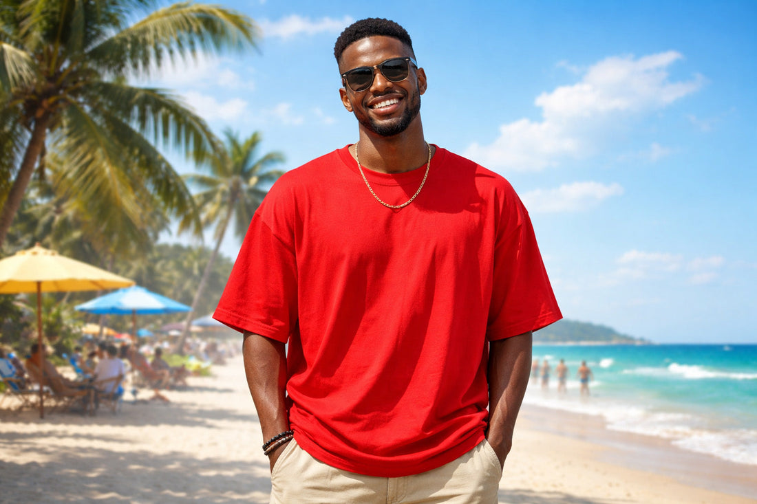 A Man wearing Big red T-shirts