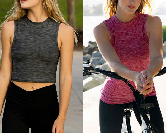 Two woman one wearing tank top other sleeveless crop top, 