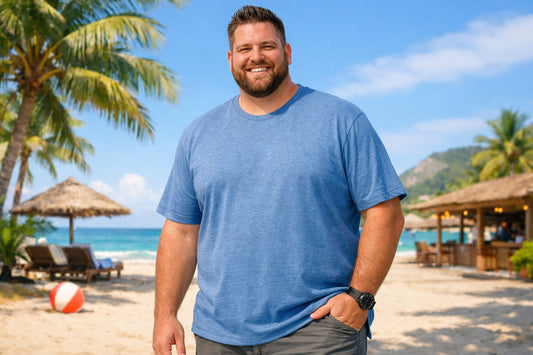 A Man waeing light Blue Biga aand Tall T-Srirts