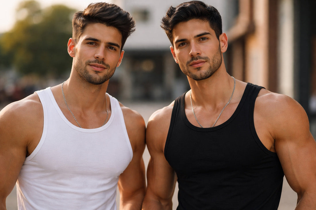 two man one wearing white tank top, another one black